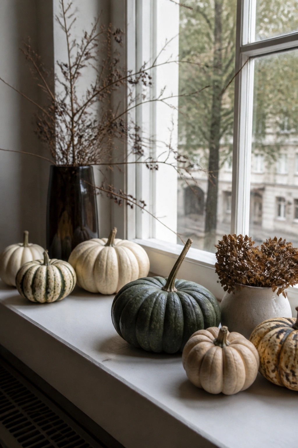 Assorted pumpkins arranged on a white windowsill next to a window, with a dark vase holding dried branches.