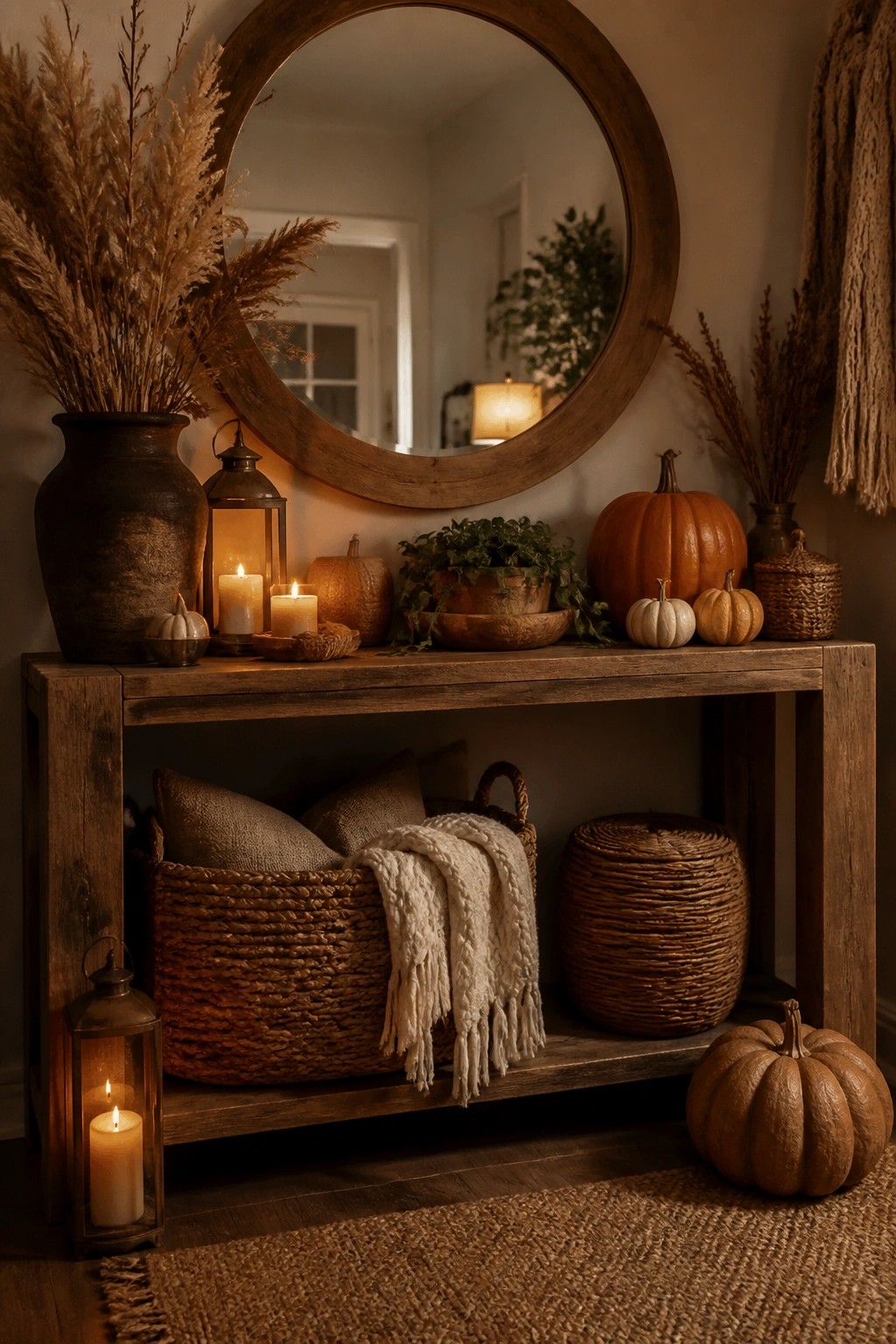 Entryway console table styled with various sized pumpkins, lanterns, and dried grasses beneath a round wood mirror.