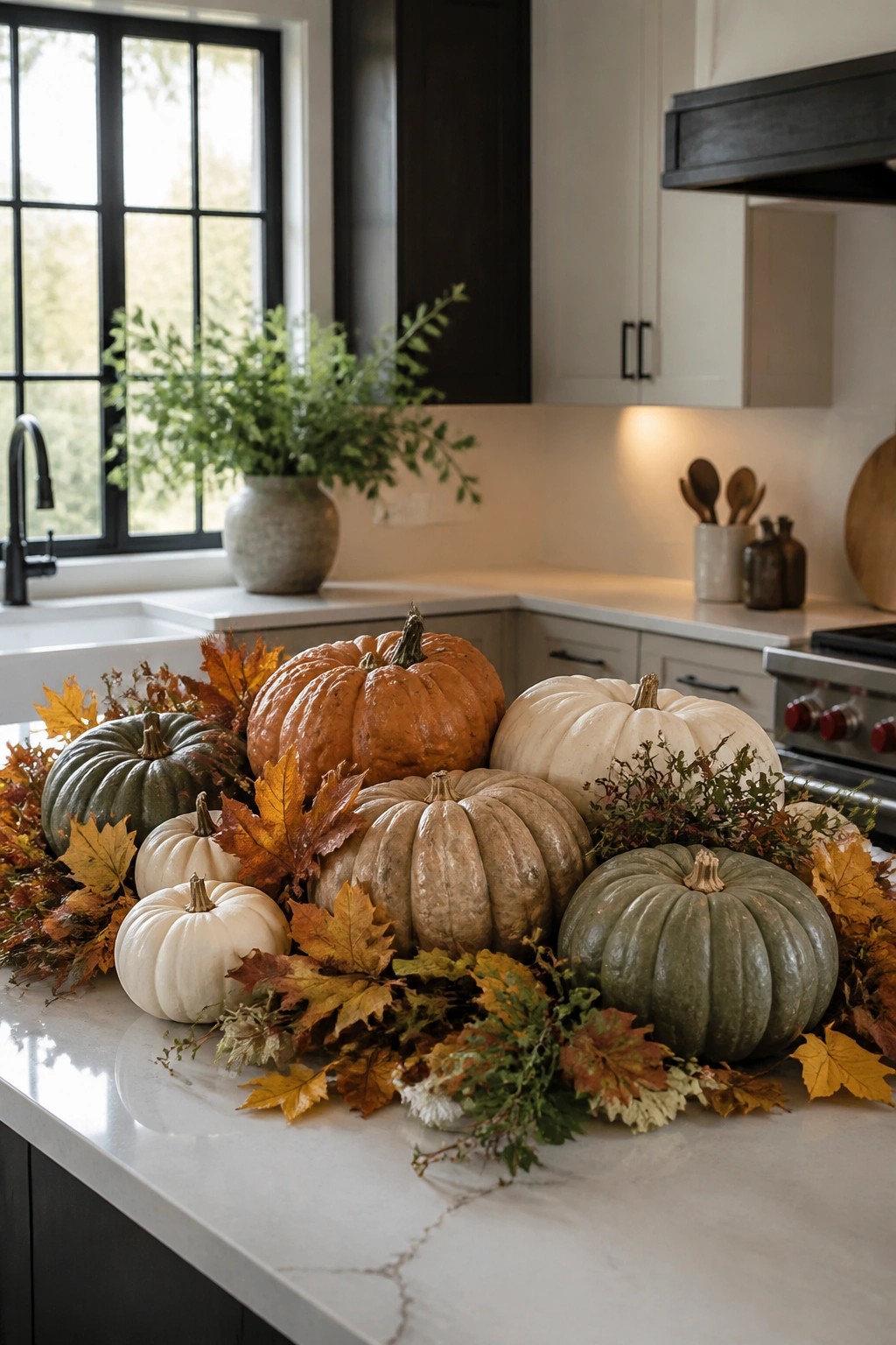 Kitchen counter decorated with a large grouping of orange, white, green, and beige pumpkins mixed with autumn leaves.