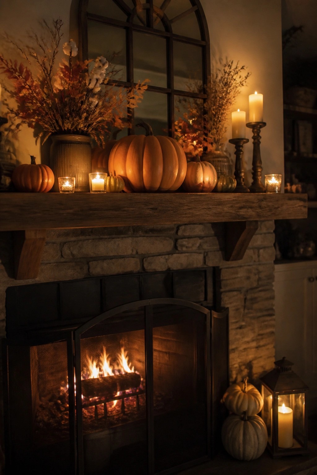 Stone fireplace with a wooden mantel lined with orange and white pumpkins of various sizes, lit candles, and autumn foliage.