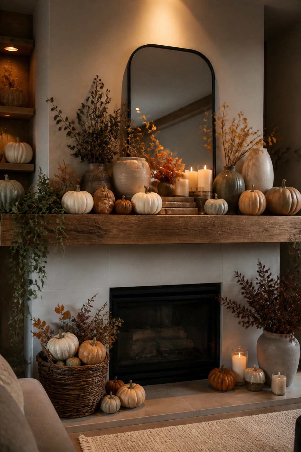 Fireplace mantel decorated with white and orange pumpkins of various sizes, along with dried branches and lit candles.