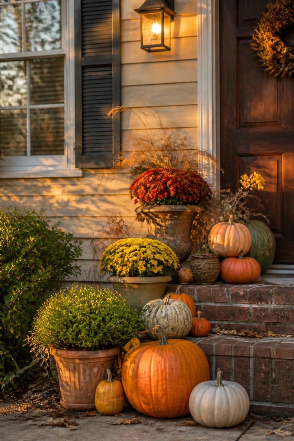 Front porch steps lined with orange, white, and green pumpkins of varying sizes next to potted red and yellow chrysanthemums.