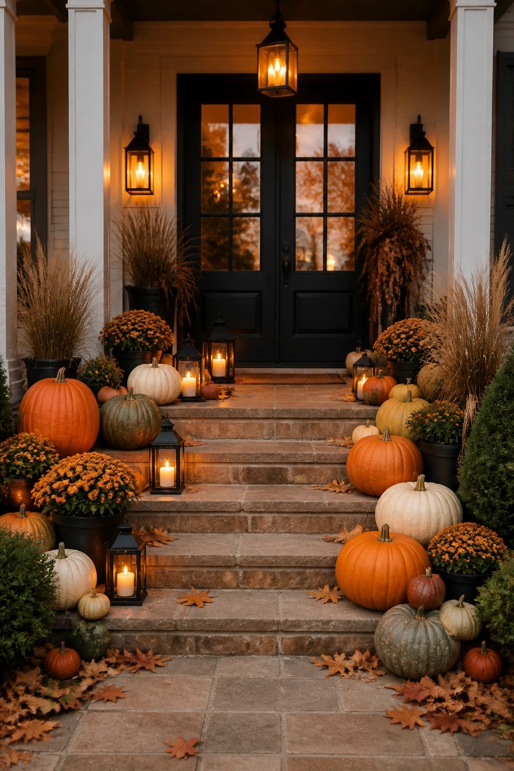 Front porch steps lined with orange, white, and green pumpkins of various sizes, accented with black lanterns and potted mums.