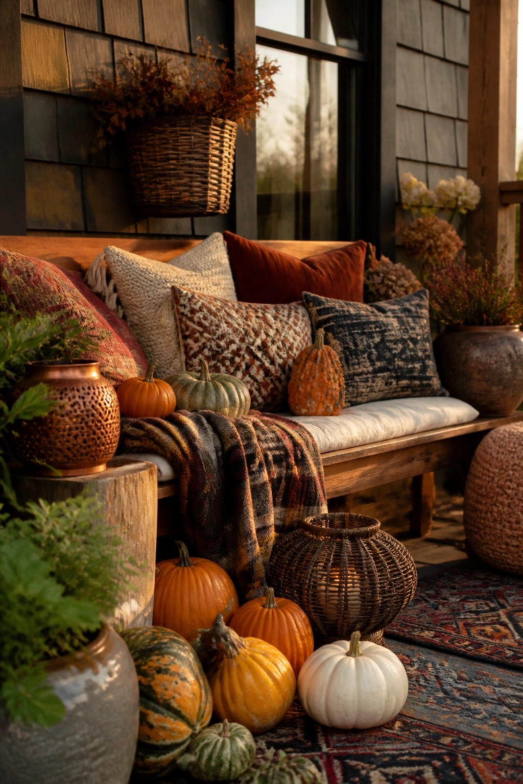 Wooden porch bench styled with pillows and a plaid blanket, surrounded by assorted pumpkins, a woven lantern, and potted plants on a patterned rug.