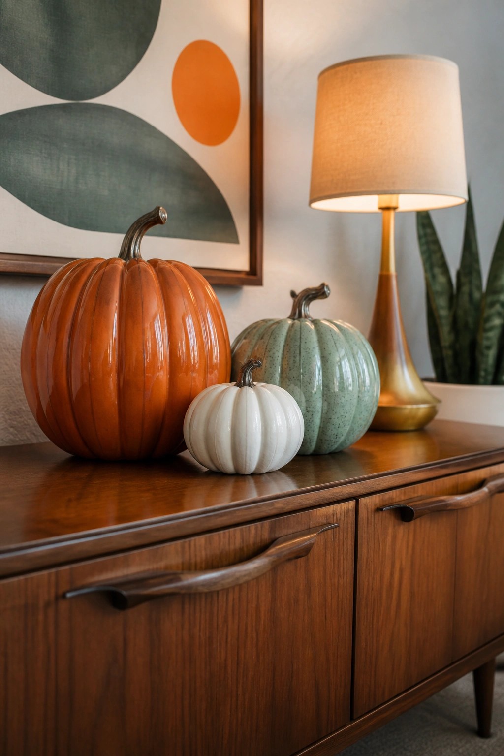Wooden console holding a large orange pumpkin, a small white pumpkin, and a green speckled pumpkin beside a table lamp.