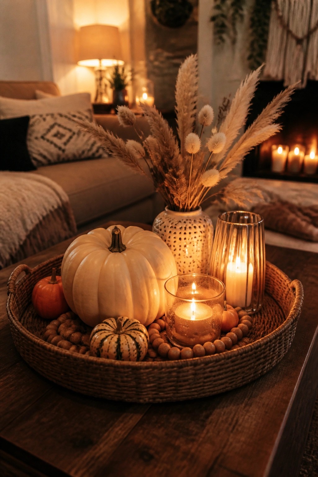 A woven tray on a wooden coffee table holds several pumpkins in white, orange, and striped varieties along with lit candles and a vase of dried grasses.