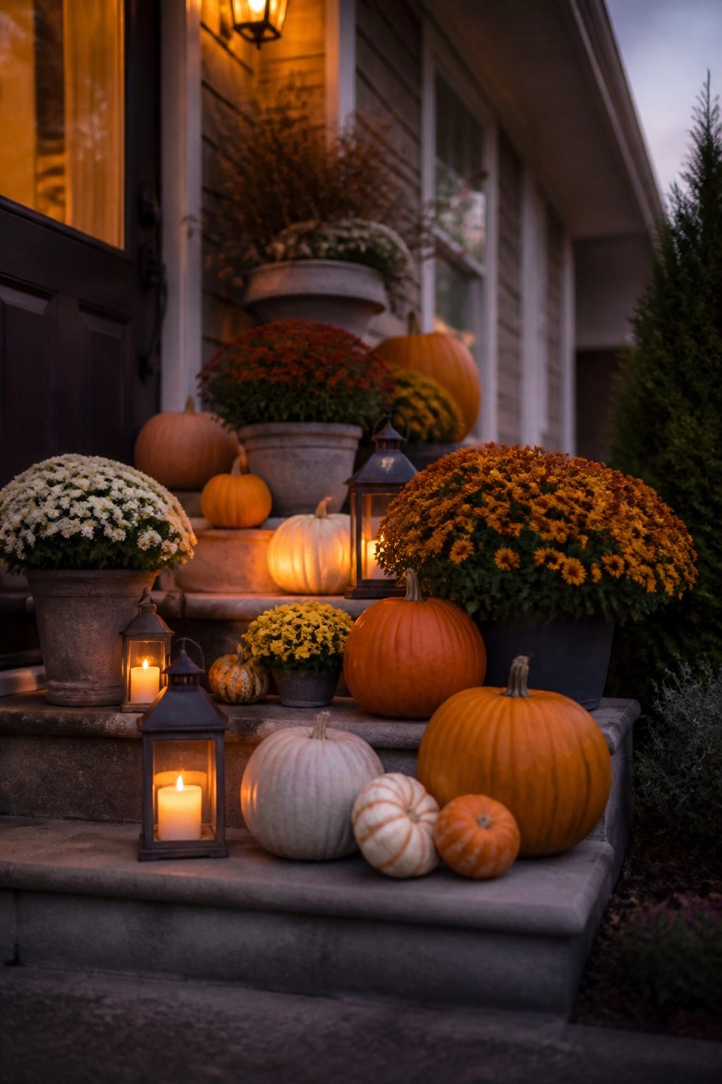 Front porch steps lined with orange, white, and striped pumpkins alongside glowing lanterns and potted mums.