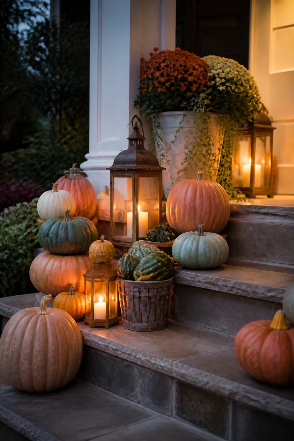 Front porch steps lined with assorted pumpkins in different colors and sizes, plus several lit lanterns and a basket of gourds.
