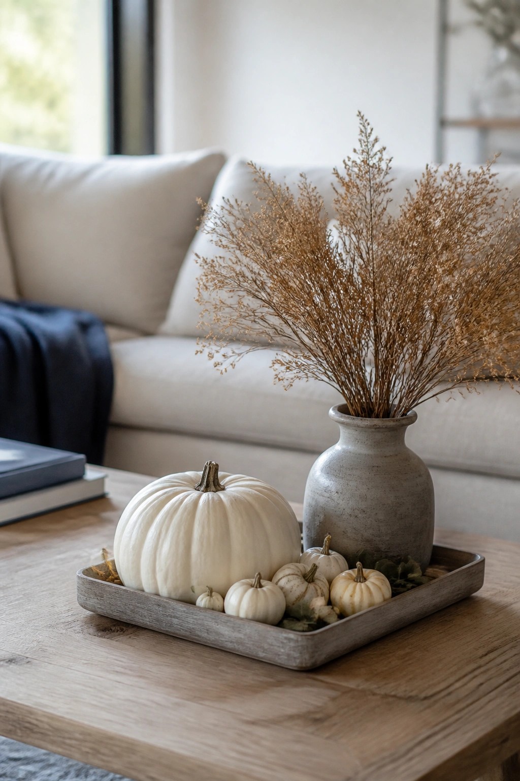 Tray of white pumpkins and dried stems in gray vase on wooden table