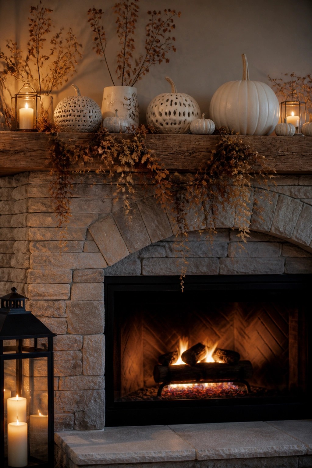 Stone fireplace mantel lined with white pumpkins of varying sizes, some with cutout designs, alongside dried foliage and glass lanterns.
