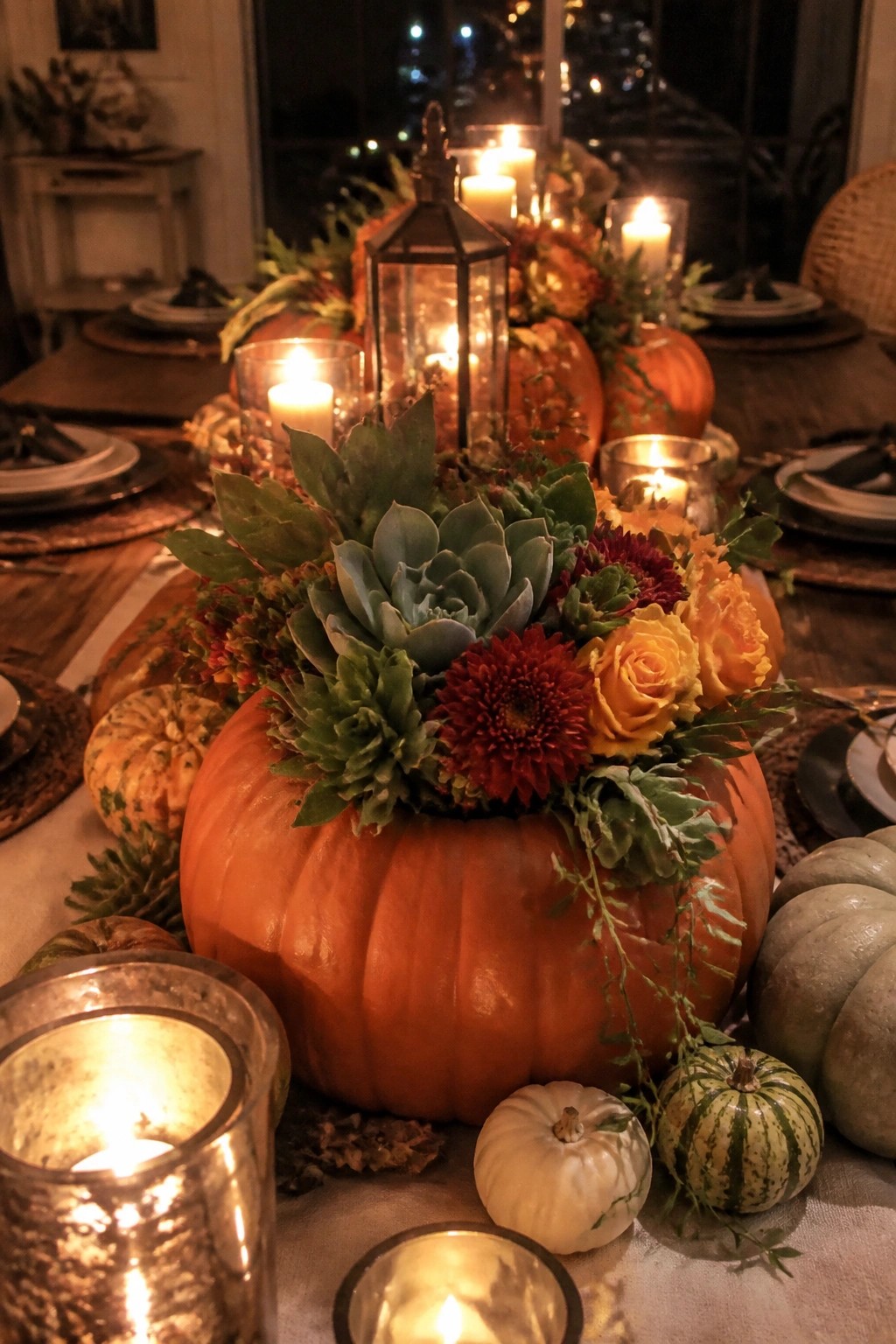 Dining table centerpiece featuring a large hollowed orange pumpkin filled with succulents, red chrysanthemums, and yellow roses, surrounded by lit candles, smaller pumpkins, and autumn foliage.