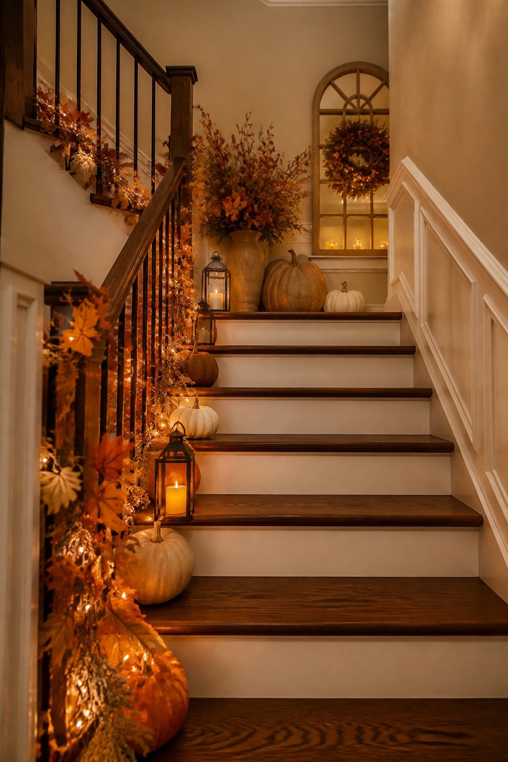 A wooden staircase lined with white and orange pumpkins, lit lanterns, and autumn leaf garlands with string lights.
