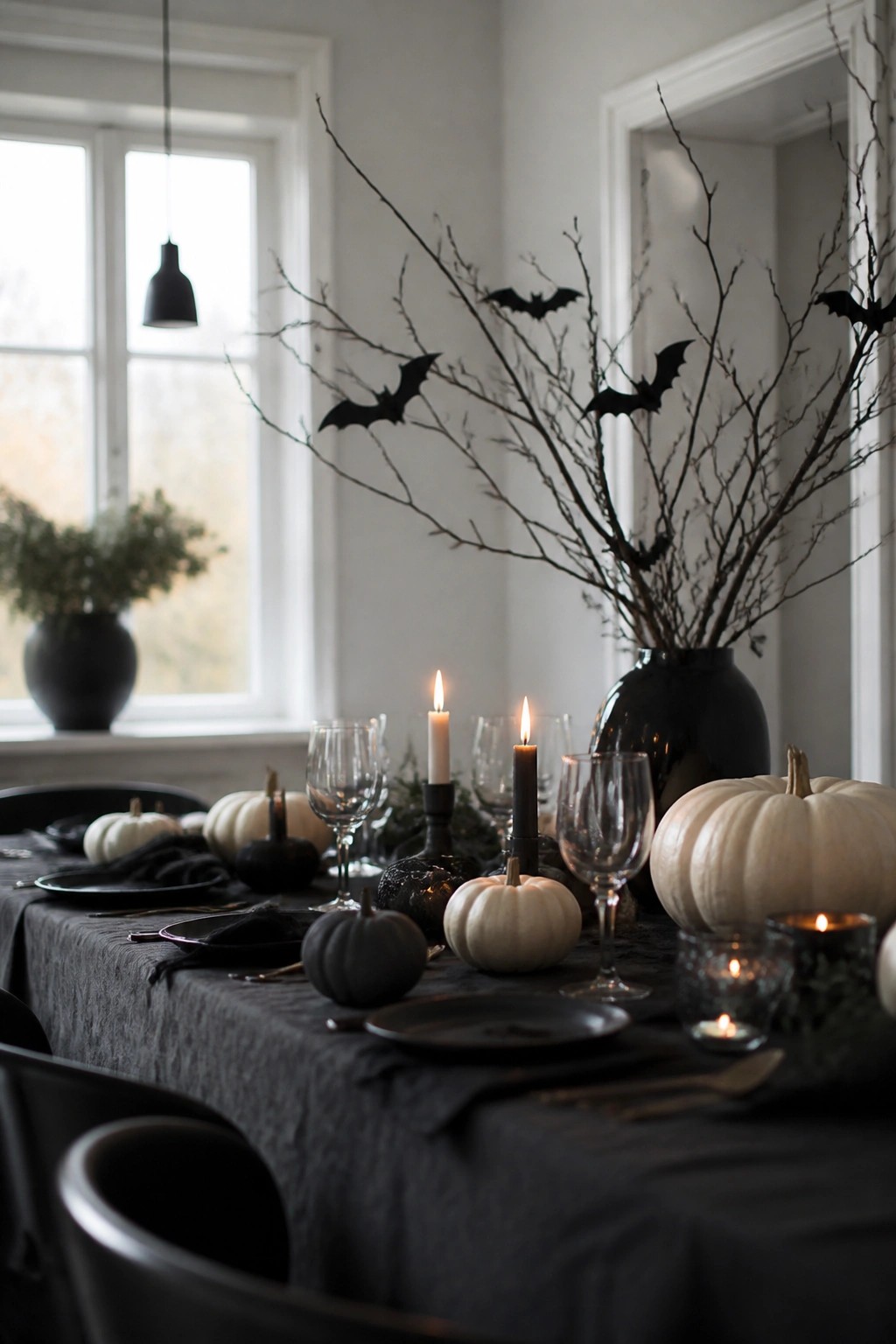 Dining table with black tablecloth, white and black pumpkins, lit candles, and tall bare branches holding black bat cutouts as the centerpiece.