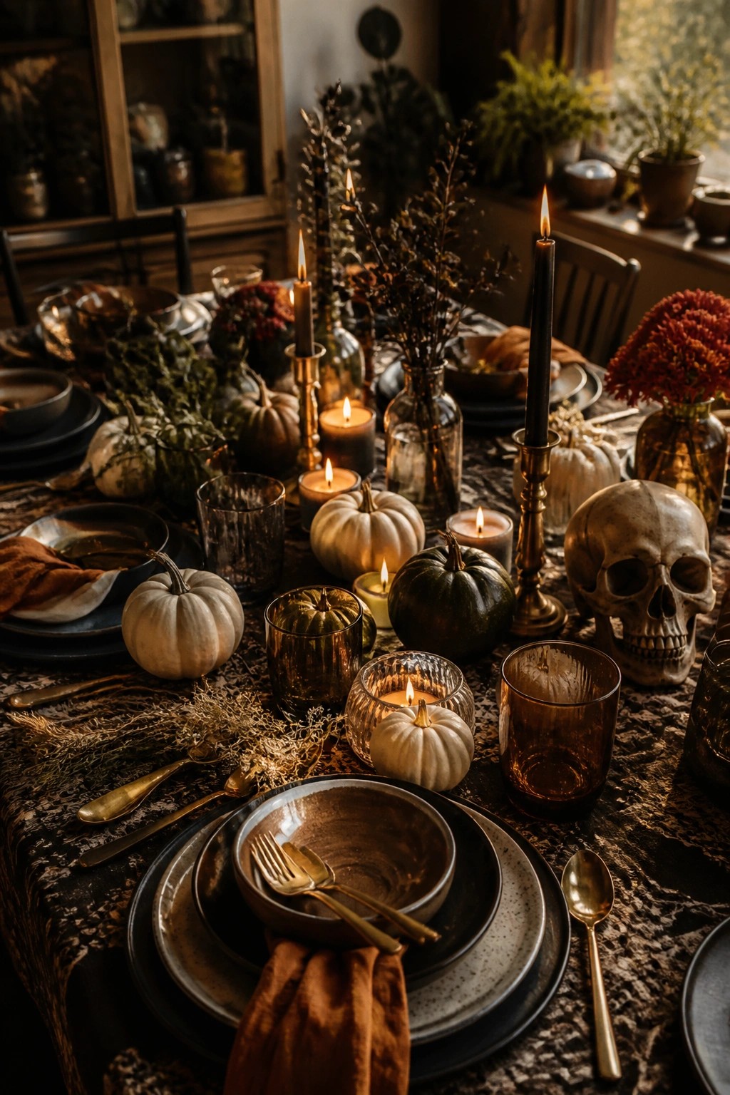 A formal dining table styled for Halloween with a decorative skull, black taper candles, small white and dark pumpkins, and dark tableware.