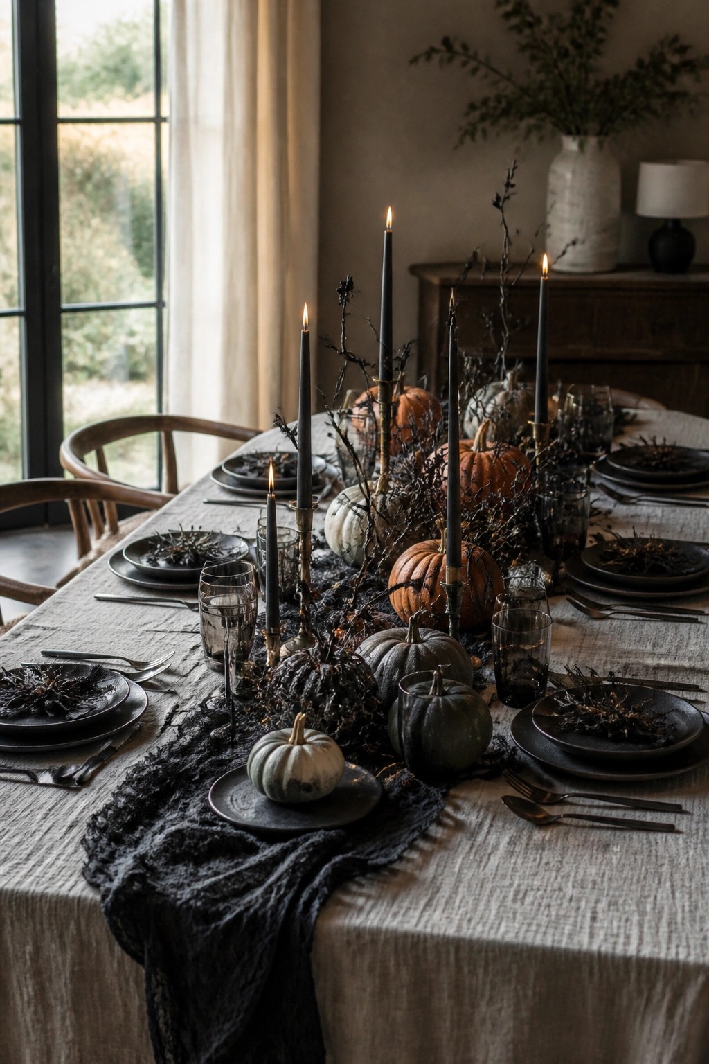 Dining table with a long black branch centerpiece, dark taper candles, and assorted pumpkins arranged on a neutral tablecloth.