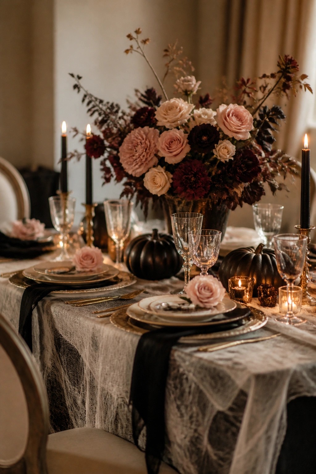 Dining table set with a large arrangement of dark flowers and roses, black pumpkins, spiderweb tablecloth, and black taper candles.