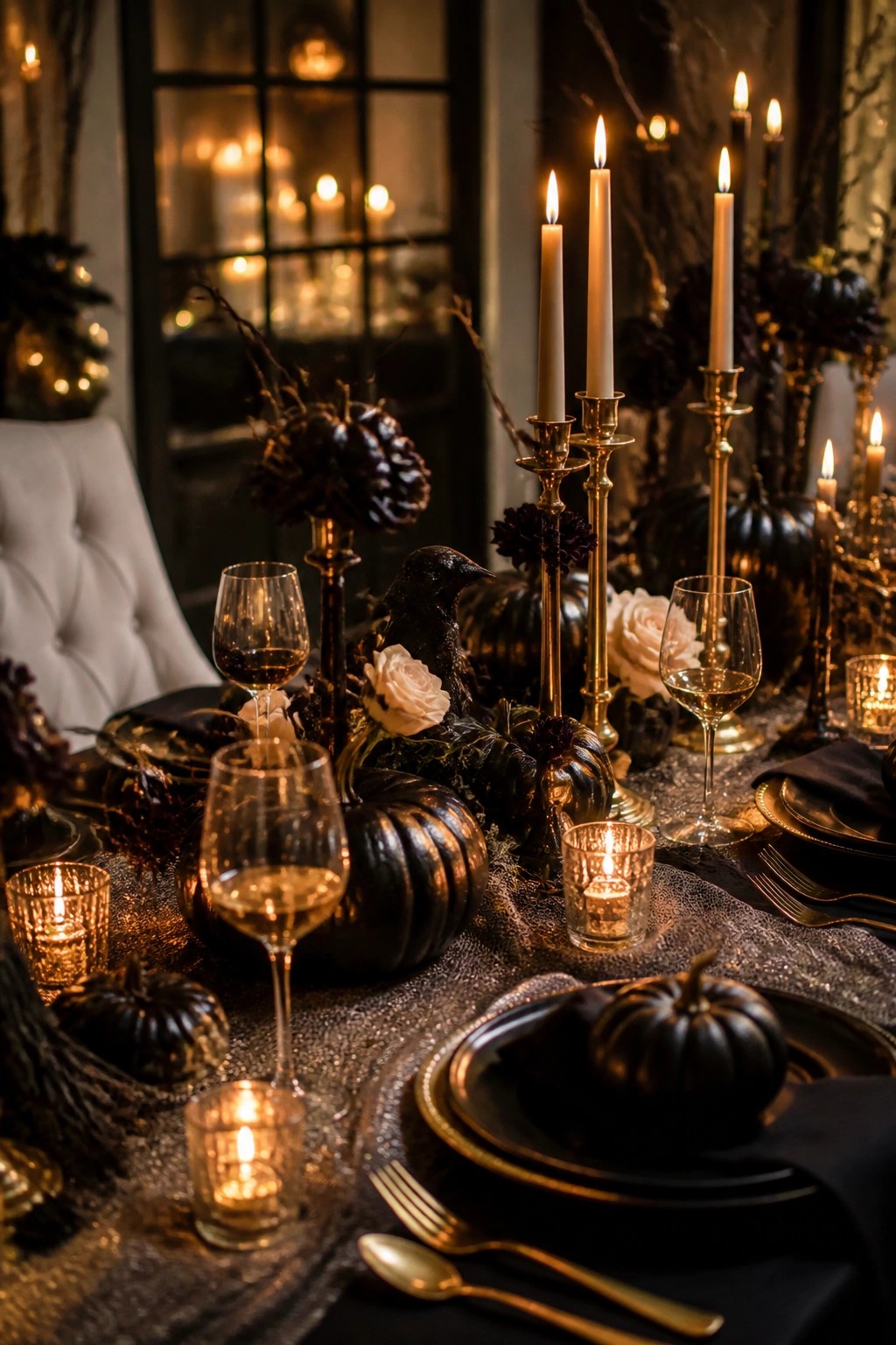 A dining table decorated for Halloween with black pumpkins, a black crow figure, white roses, and tall candles in gold holders.
