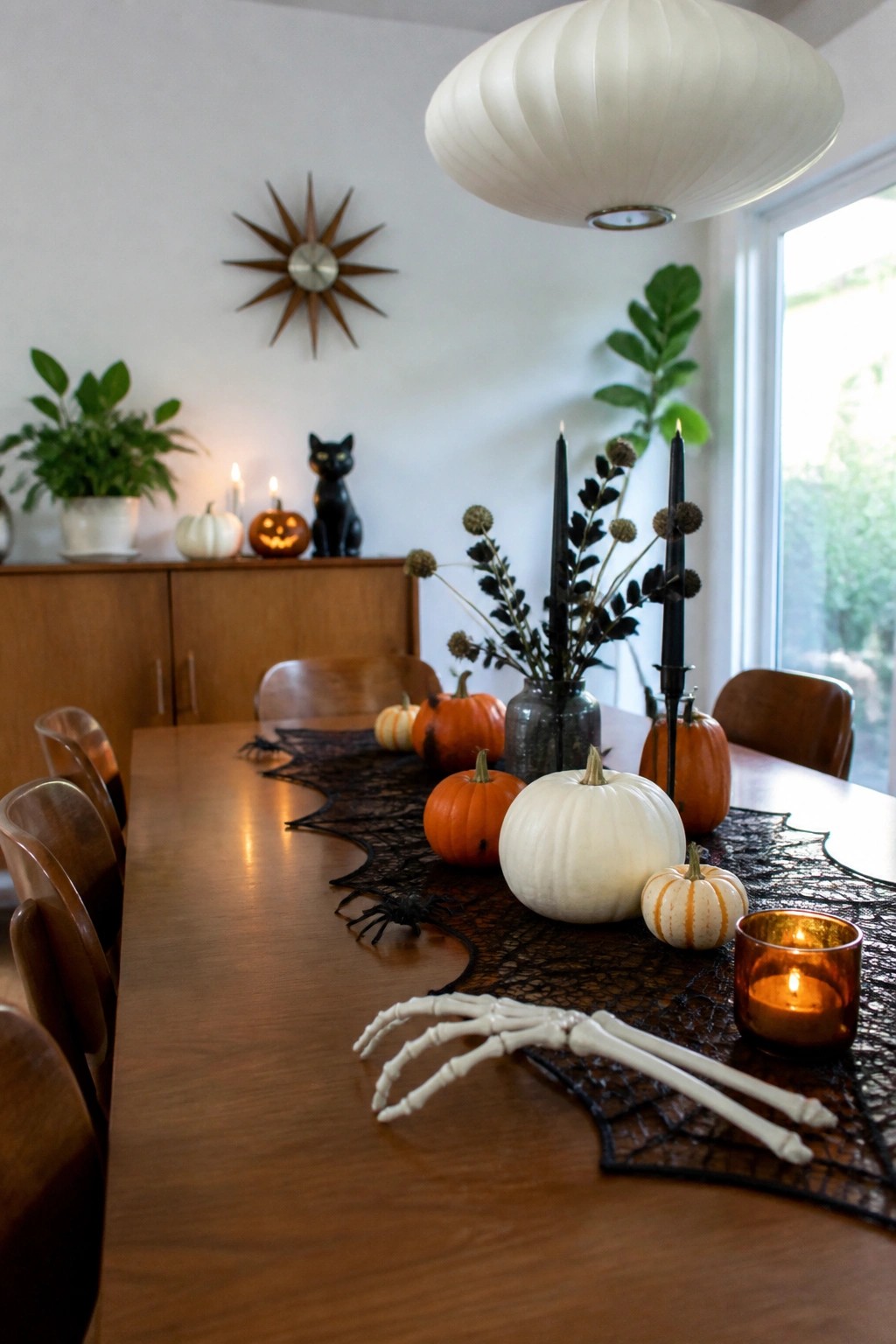 Wooden dining table with Halloween pumpkins, black candles, skeleton hands, and lace runner.