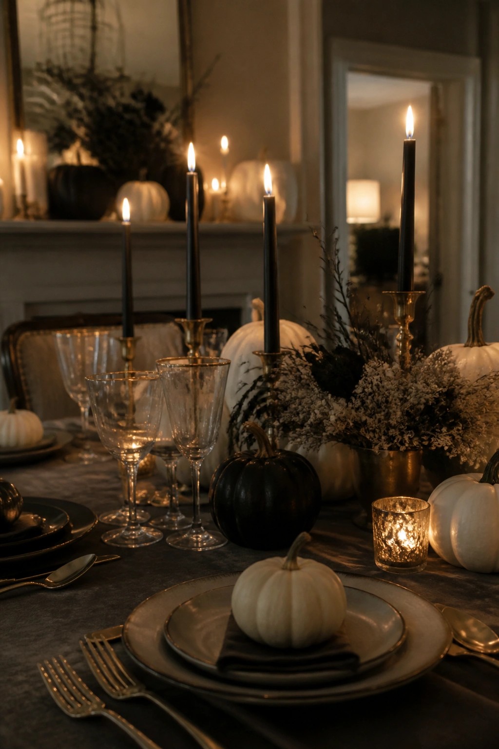 Elegant fall table with lit black candles, white pumpkins, wine glasses, and dried flowers.
