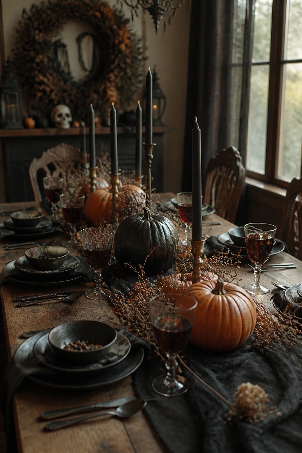 A wooden dining table set with tall black candles, black and orange pumpkins, dark glassware, and black dinnerware for a Halloween meal.