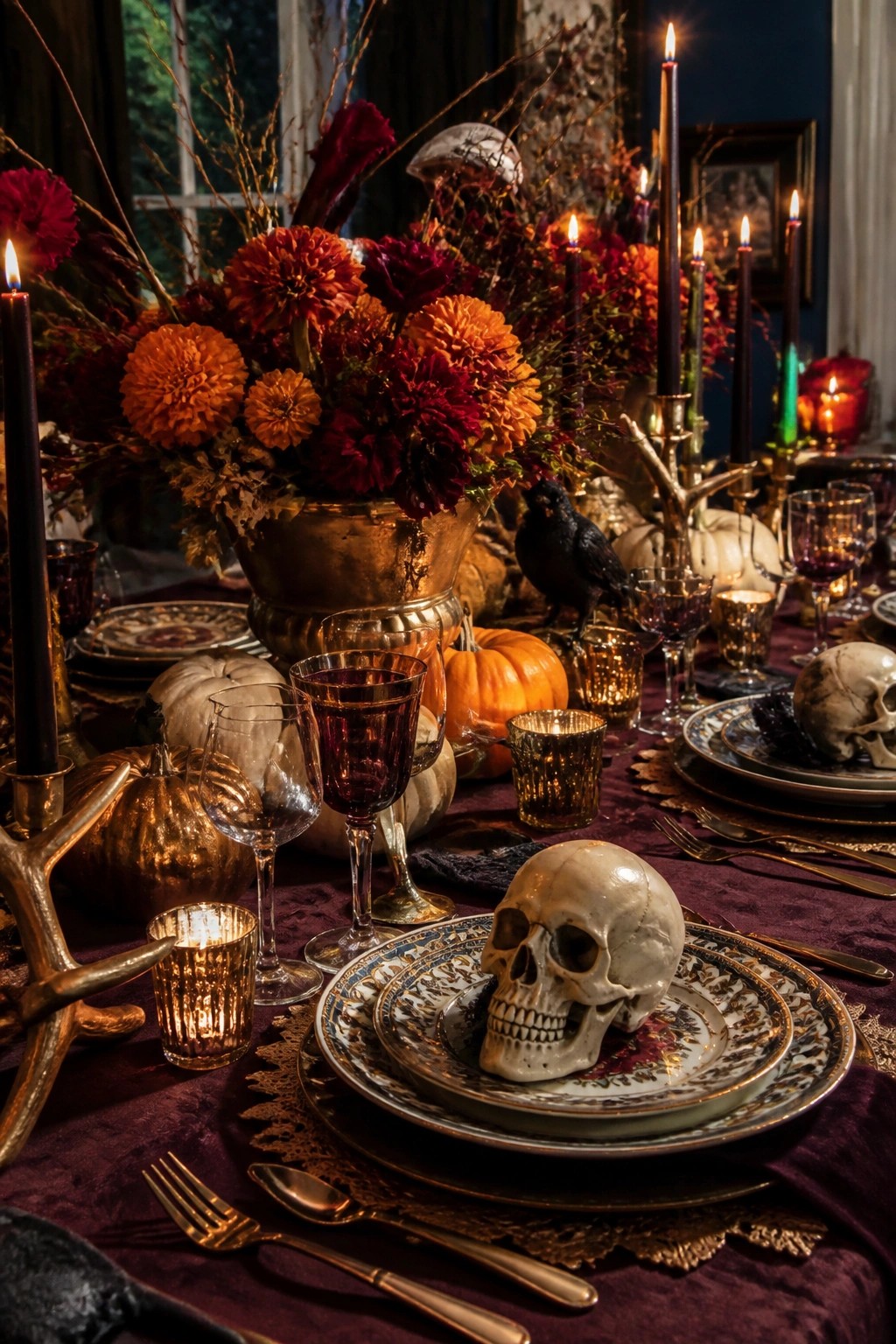 Elegant dark table setting with skulls, lit candles, pumpkins, and autumn floral centerpiece.