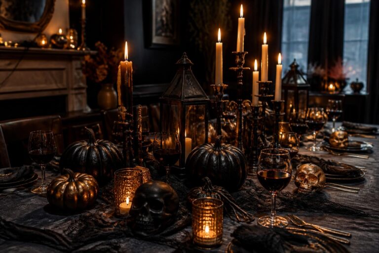 25 Sophisticated Halloween Styling Ideas for a Luxe Celebration A formal dining table decorated with black and metallic pumpkins, skulls, dark purple flowers, and lit candles for Halloween.