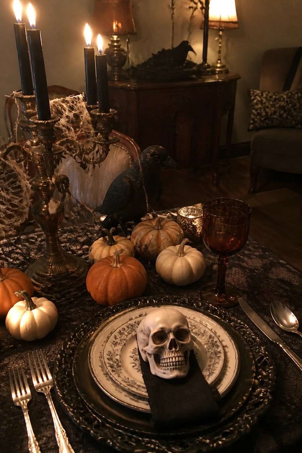 Dining table with black lace cloth, stacked ornate plates, a white skull on a black napkin at each setting, small pumpkins, black candles, and an amber glass goblet.