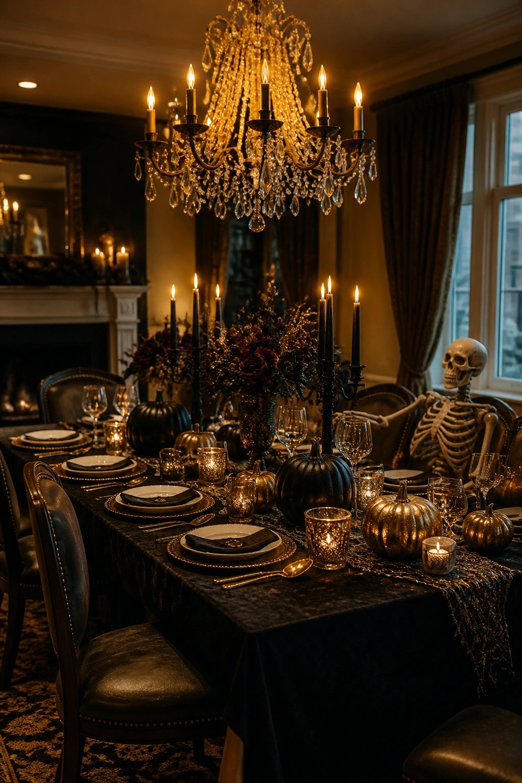 Luxe dining room table set in black and gold with a skeleton posed as a seated dinner guest among candles and pumpkins.