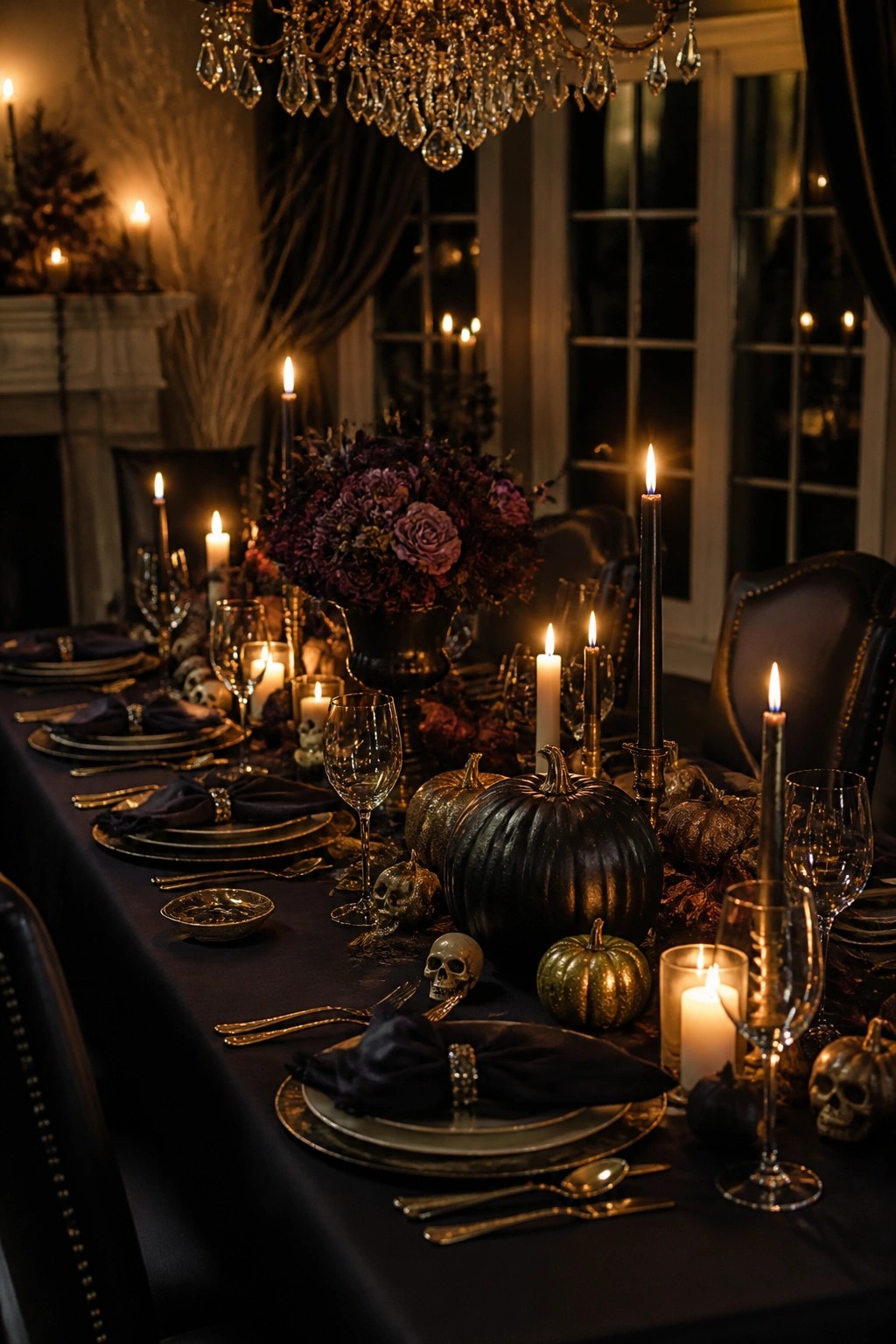 A formal dining table decorated with black and metallic pumpkins, skulls, dark purple flowers, and lit candles for Halloween.