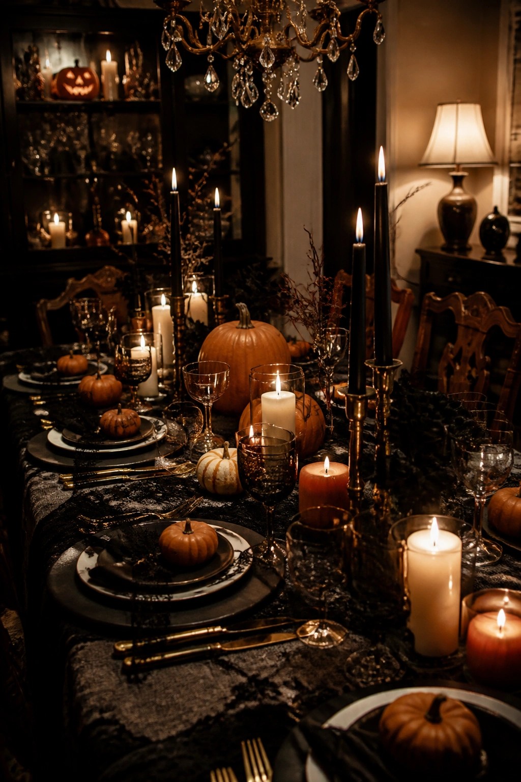 Dining table set with black taper candles, white pillar candles, small orange pumpkins, and dark place settings on a black tablecloth.