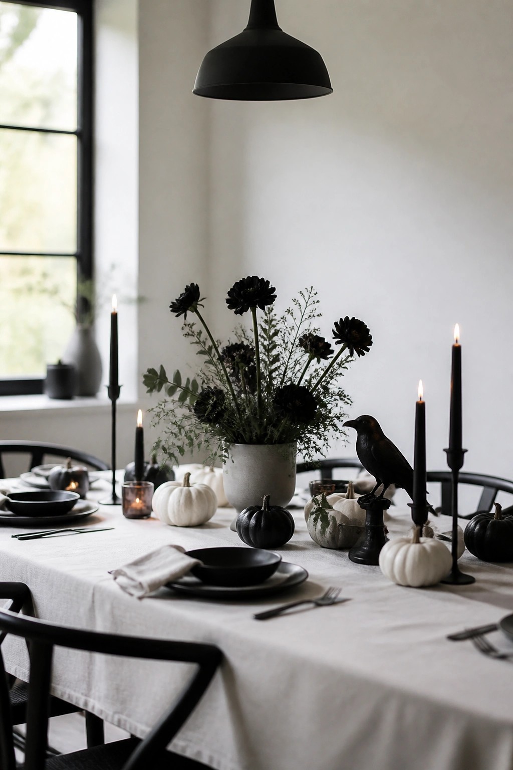Dining table with a central arrangement of black flowers, a black crow figurine, black and white pumpkins, and lit black candles.