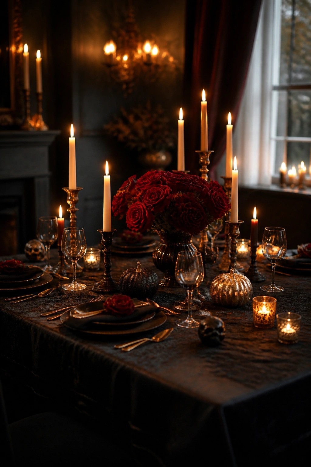 A long dining table covered in black linen, set with black plates, gold cutlery, wine glasses, metallic black and gold pumpkins, red roses, and many lit candles.