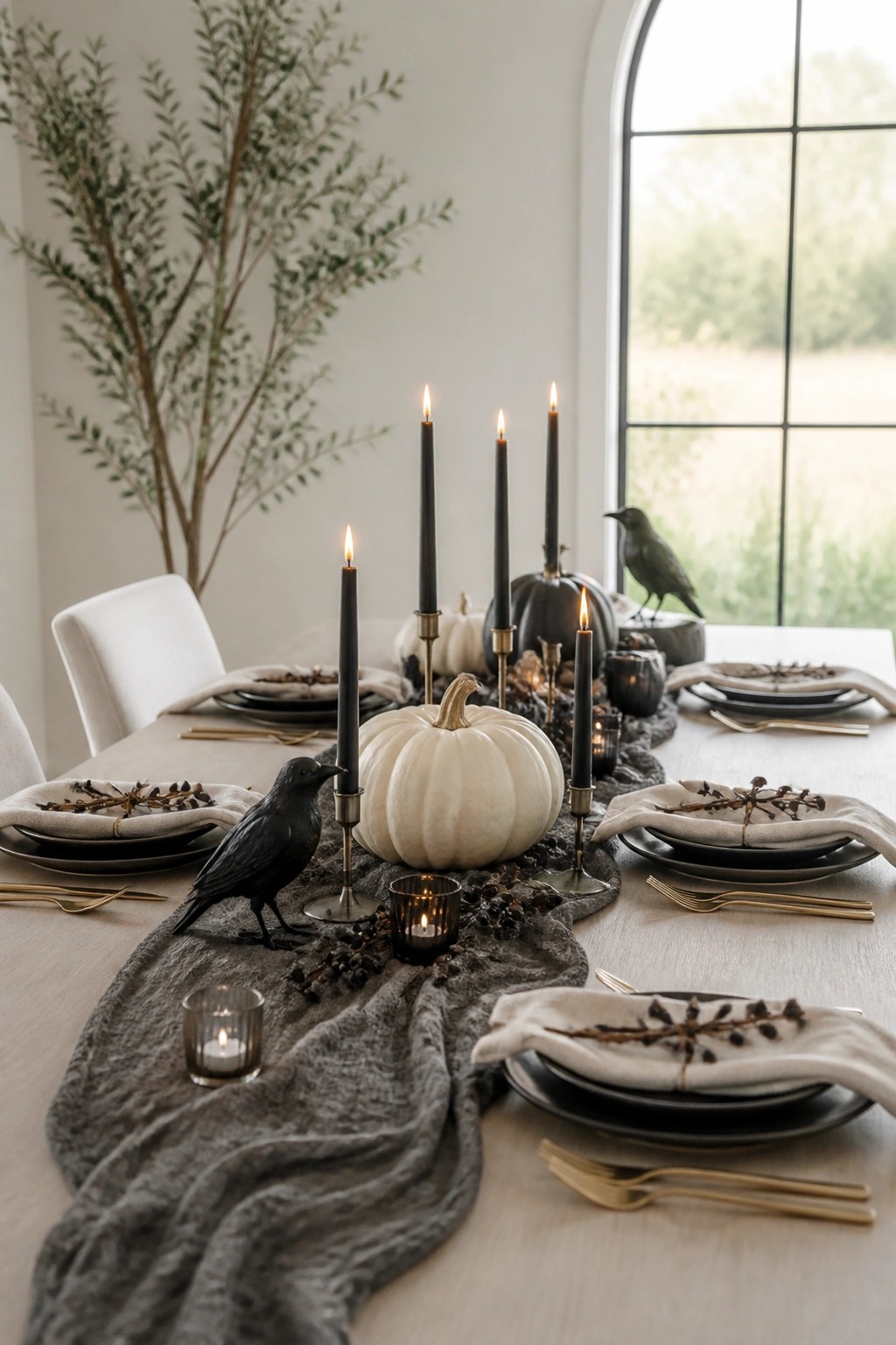 Dining table with black crows, white and black pumpkins, black taper candles, and a gray runner as the centerpiece.