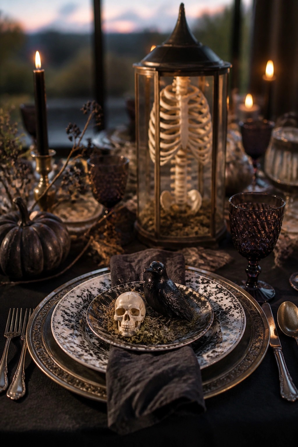 A formal dining table with a large glass lantern holding a skeleton as the centerpiece, surrounded by dark plates, a small skull, and a black bird figure.