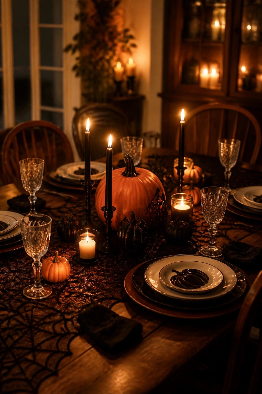 A wooden dining table decorated with a black spiderweb runner, tall black candles in holders, a large orange pumpkin, and smaller black and orange pumpkins as the centerpiece.
