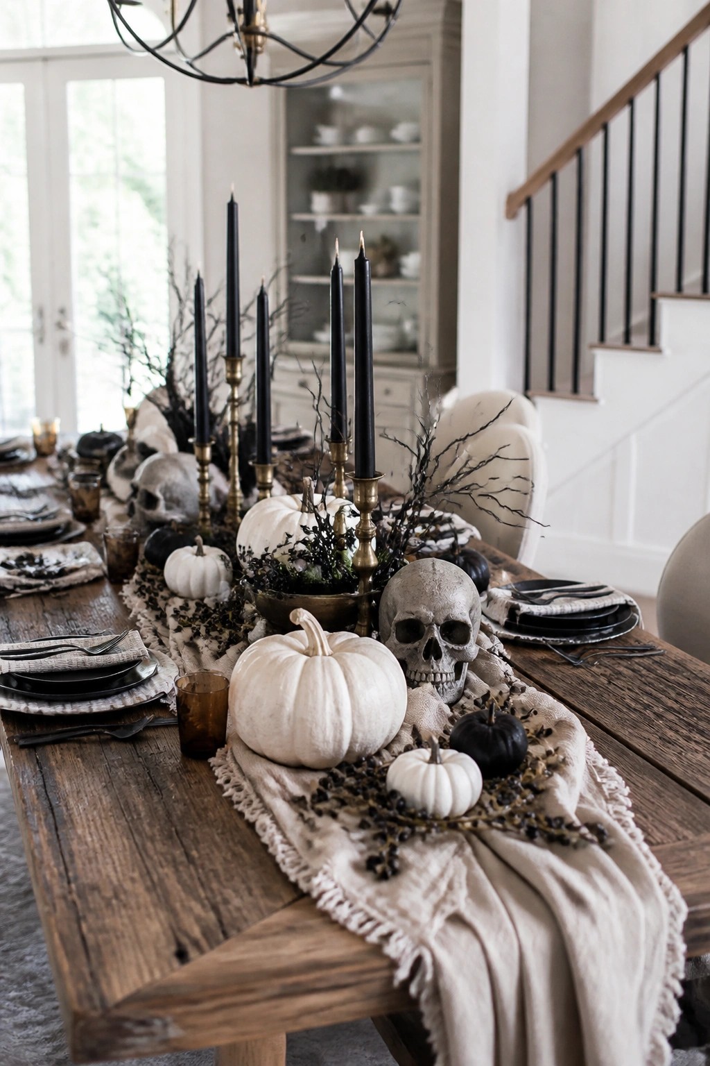 Long wooden dining table with white pumpkins, gray skulls, black taper candles in brass holders, and dark branches arranged down the center as a Halloween centerpiece.