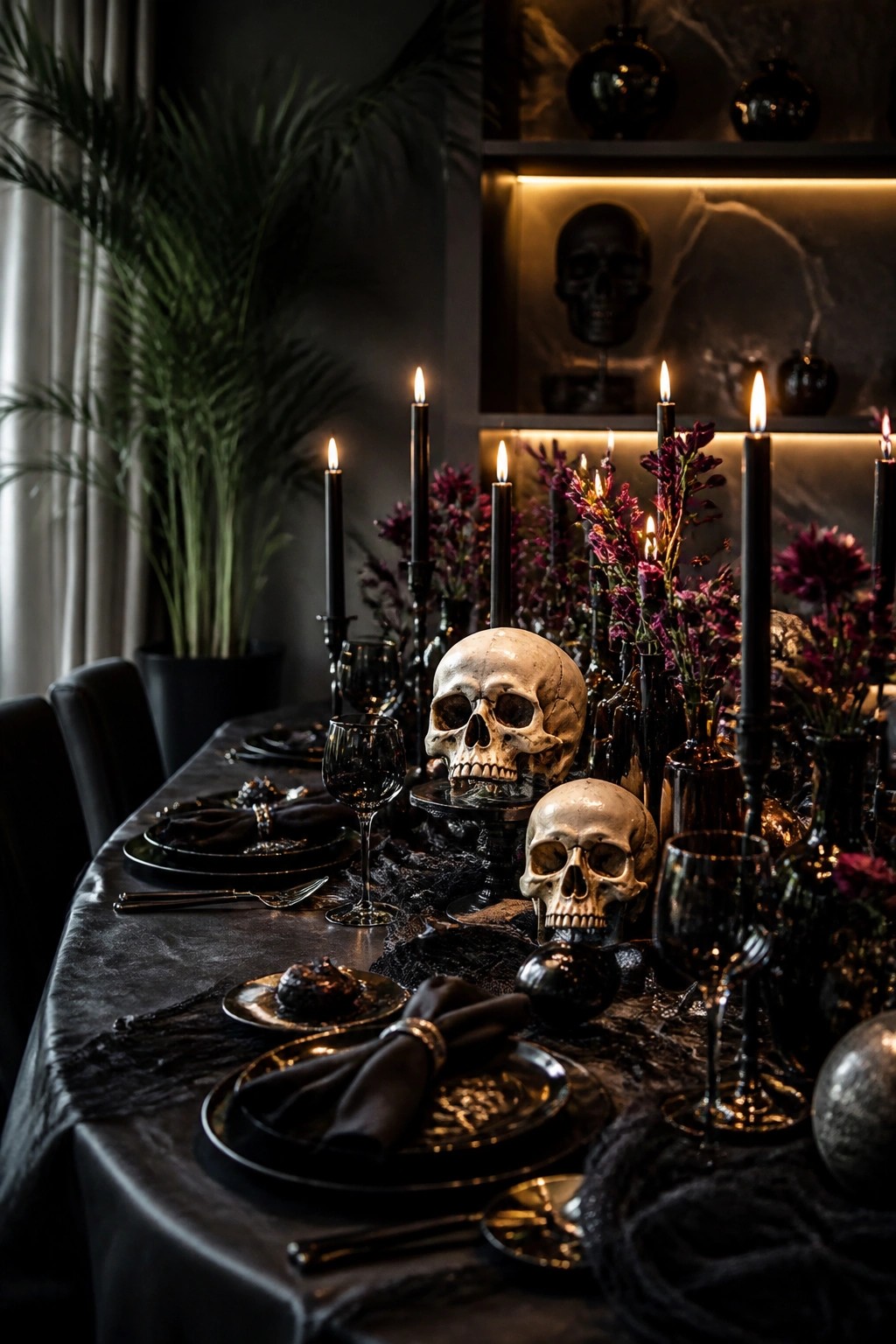 Gothic dining table with black candles, skulls, dark flowers, and moody lighting.