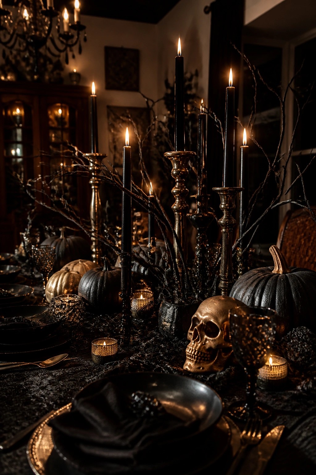 Dark dining table decorated for Halloween with tall black candles, twisted black branches, a golden skull, and black pumpkins as the centerpiece.