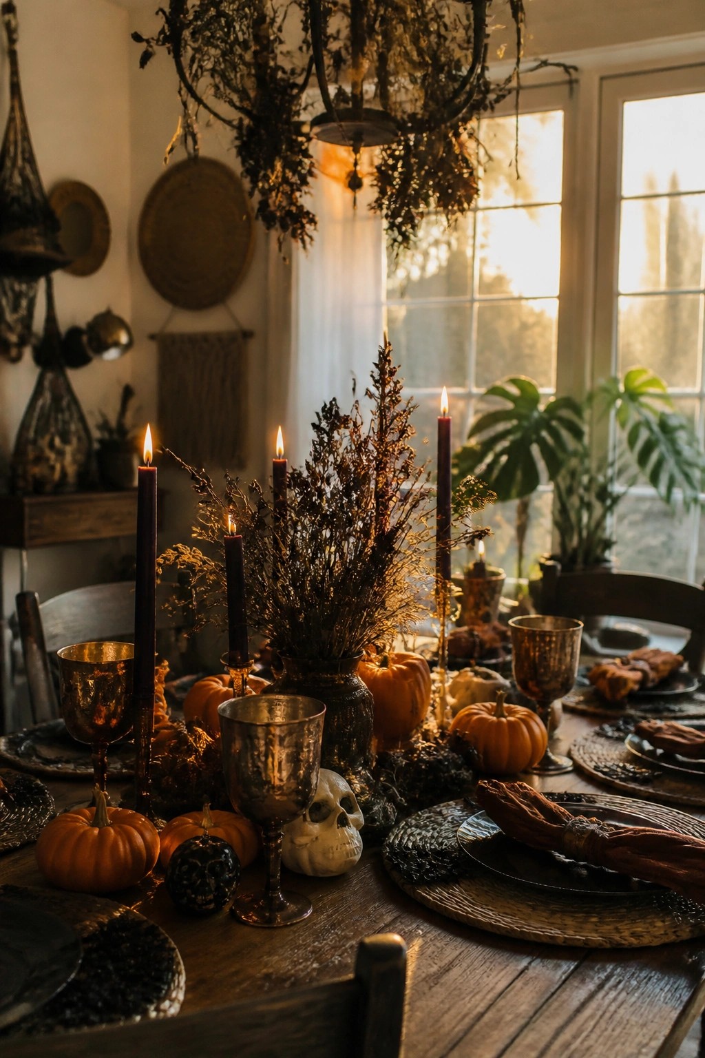 Wooden dining table with a tall centerpiece of dark dried branches, purple taper candles, small orange pumpkins, and a white skull, surrounded by place settings with hammered metal goblets.