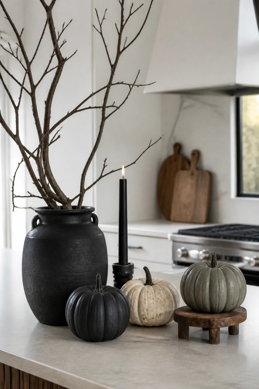 Kitchen counter featuring a black vase with bare branches, a lit black candle, and three neutral pumpkins in black, white, and gray tones.