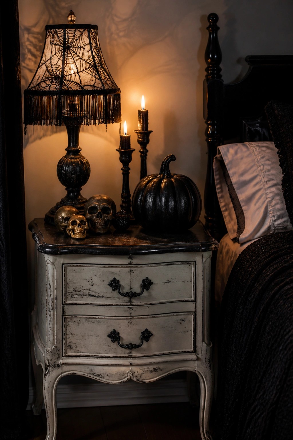 Spooky nightstand with spiderweb lamp, skulls, black pumpkin, and lit candles in dark room