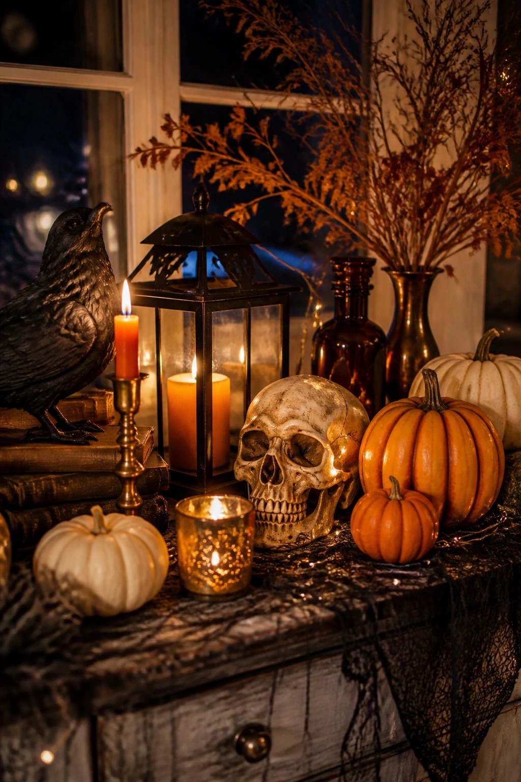 A skull and black crow arranged with books, small pumpkins, and lanterns on a dark wooden console table.