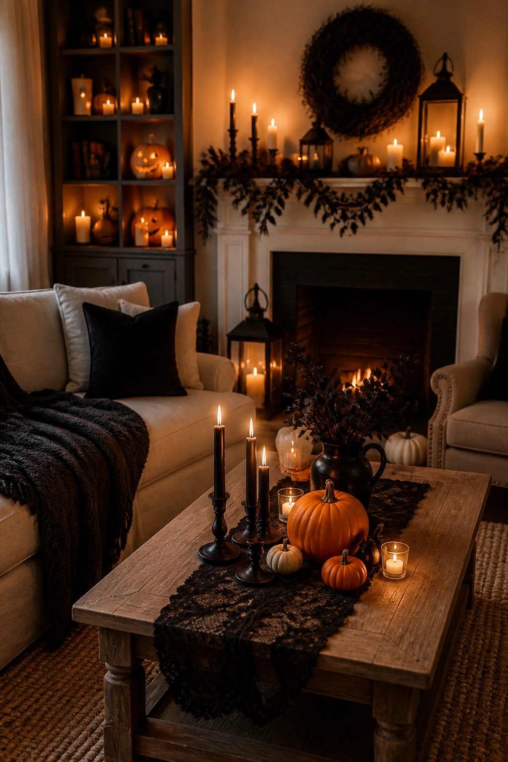 Living room fireplace mantel styled for Halloween with a dark leaf garland, black candles, lanterns, and small pumpkins.