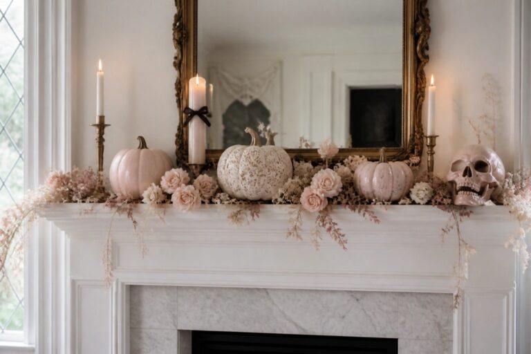 25 Sweet Pink Halloween Looks for a Soft Seasonal Twist White fireplace mantel styled for Halloween with pink pumpkins, a black skull, black candles, dark floral arrangements, and spiderweb accents.