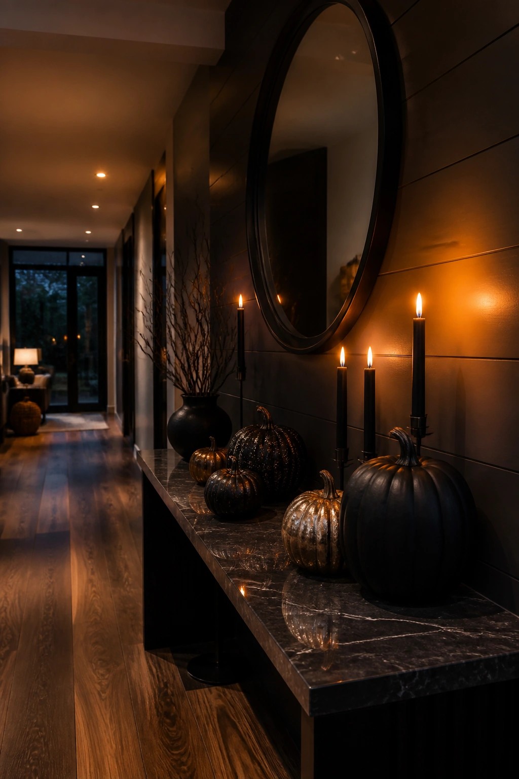 Entryway console with black and metallic pumpkins arranged beside black taper candles in front of a round mirror on a dark wall.
