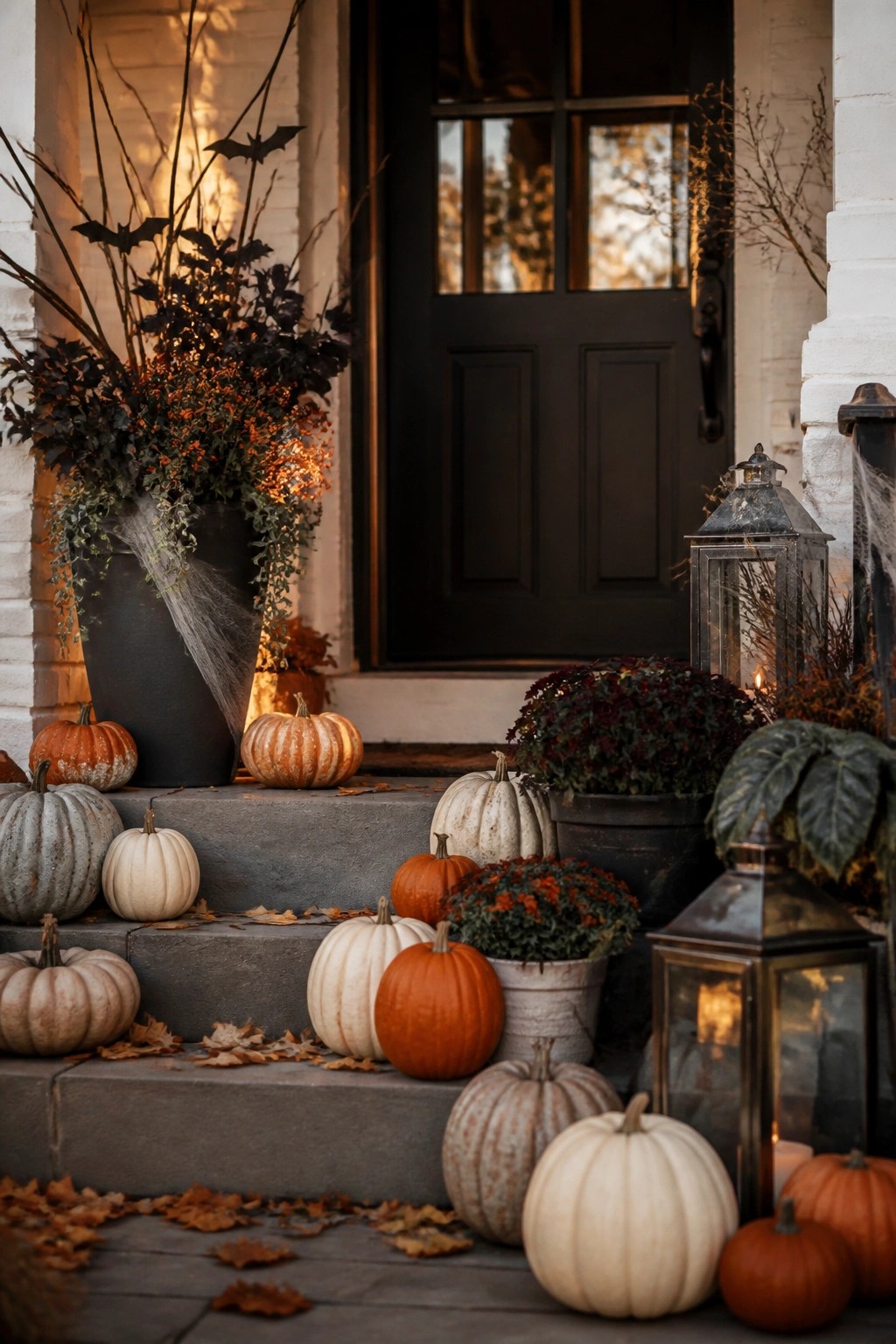 Front porch steps lined with white and orange pumpkins, black bats in dark foliage, and metal lanterns beside a black door.