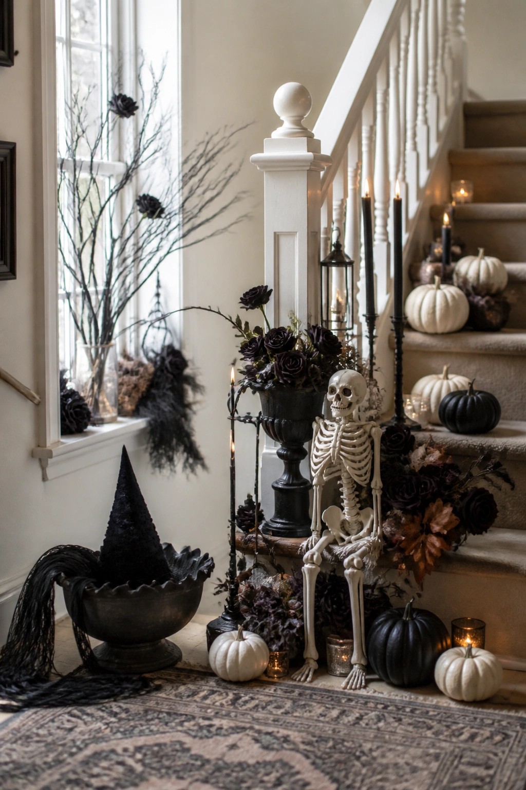 Skeleton seated on a staircase with black roses, black pumpkins, candles, and a witch hat in the foreground.