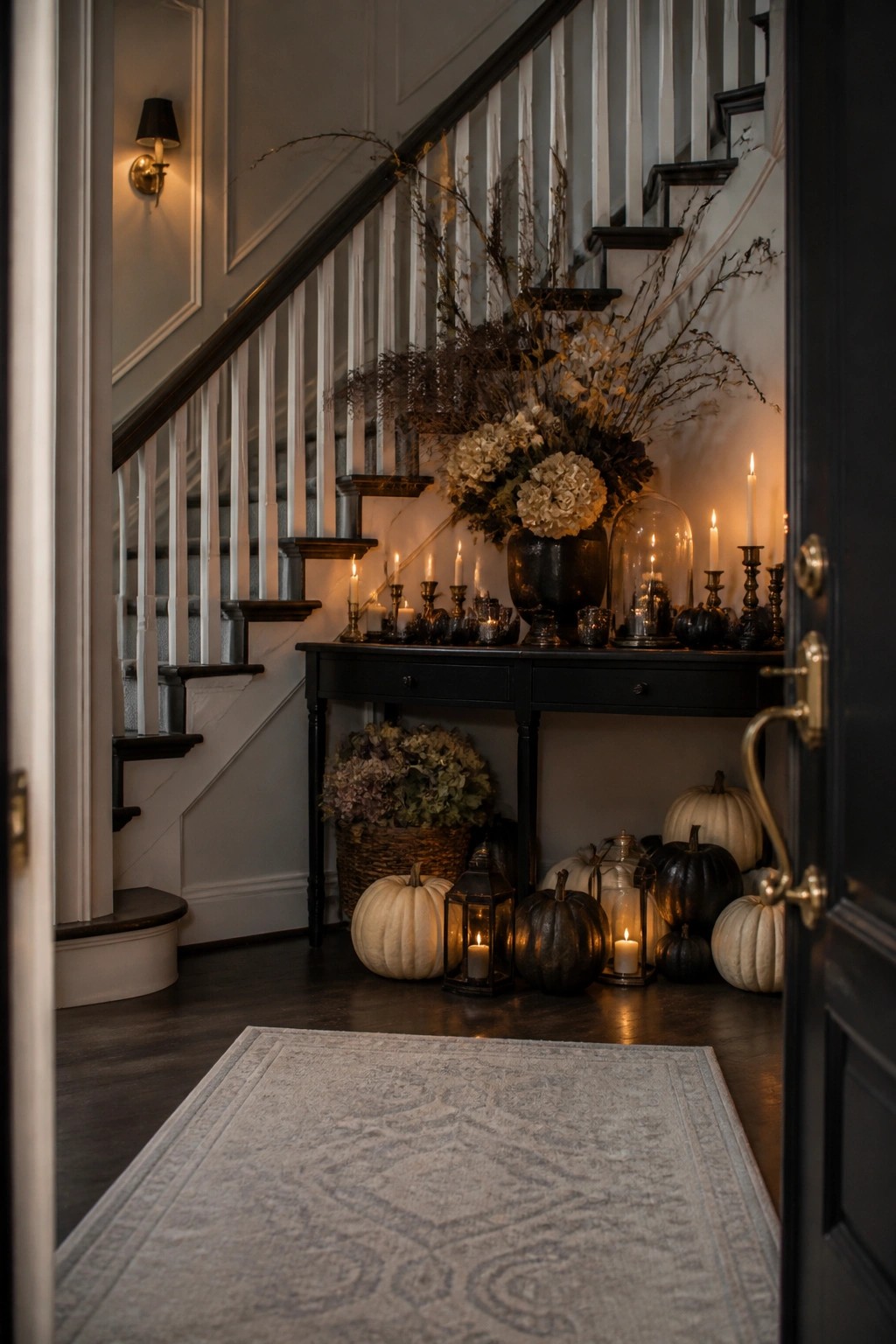 Entryway console table styled with multiple lit candles, lanterns, black pumpkins, and a large floral arrangement under a staircase.