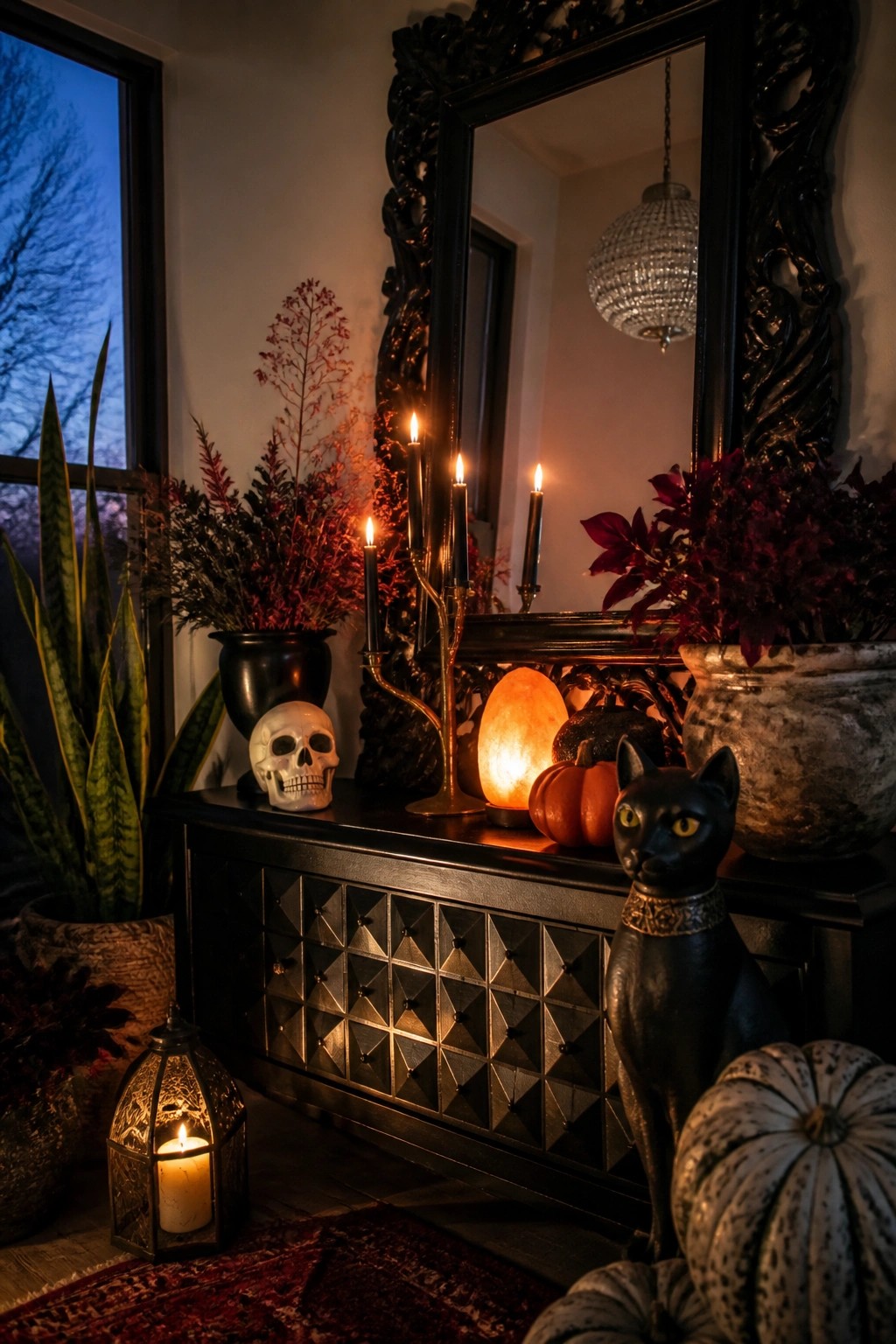 Entryway console table decorated with a black cat statue, white skull, candelabra, glowing salt lamp, and pumpkins in front of an ornate mirror.