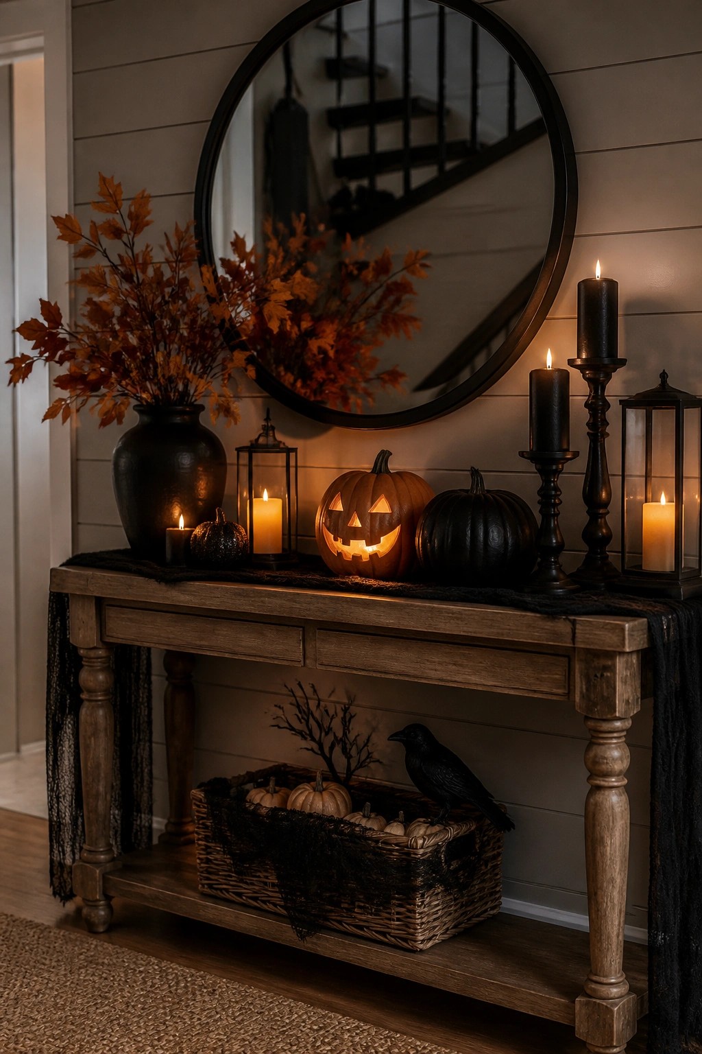 Entryway console with a lit jack o lantern, black candles, lanterns, and a crow figure in a basket on the lower shelf.